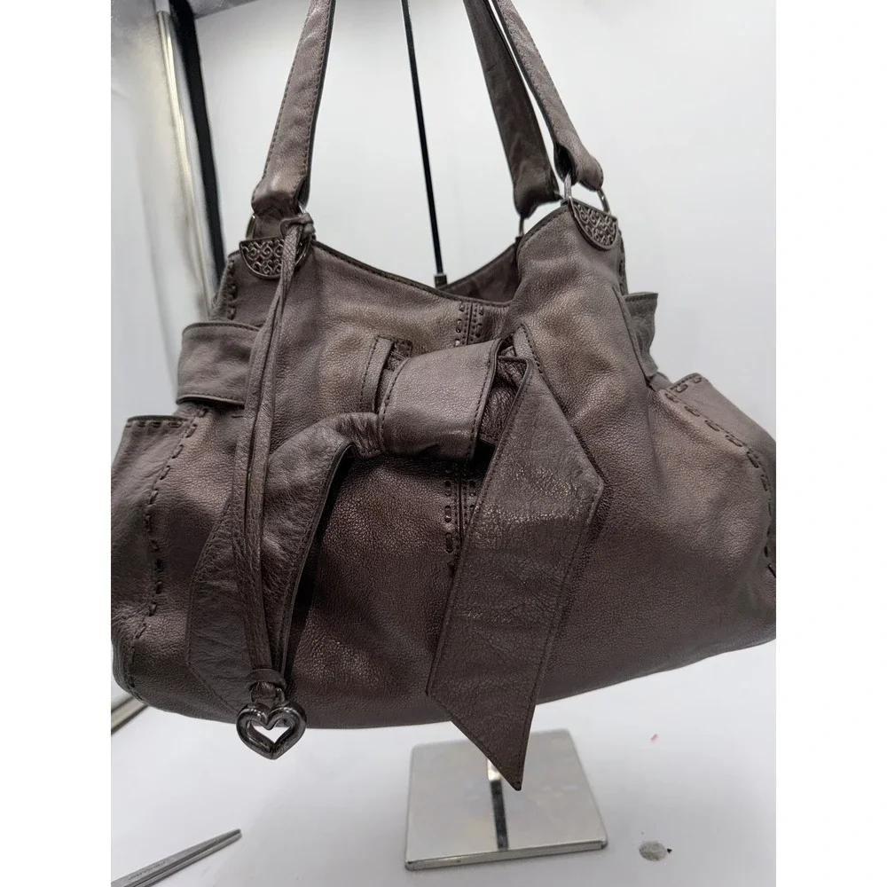 Brighton Metallic Pewter Leather Bow Hobo Shoulder Bag Silver Heart A301748 - Picture 2 of 12
